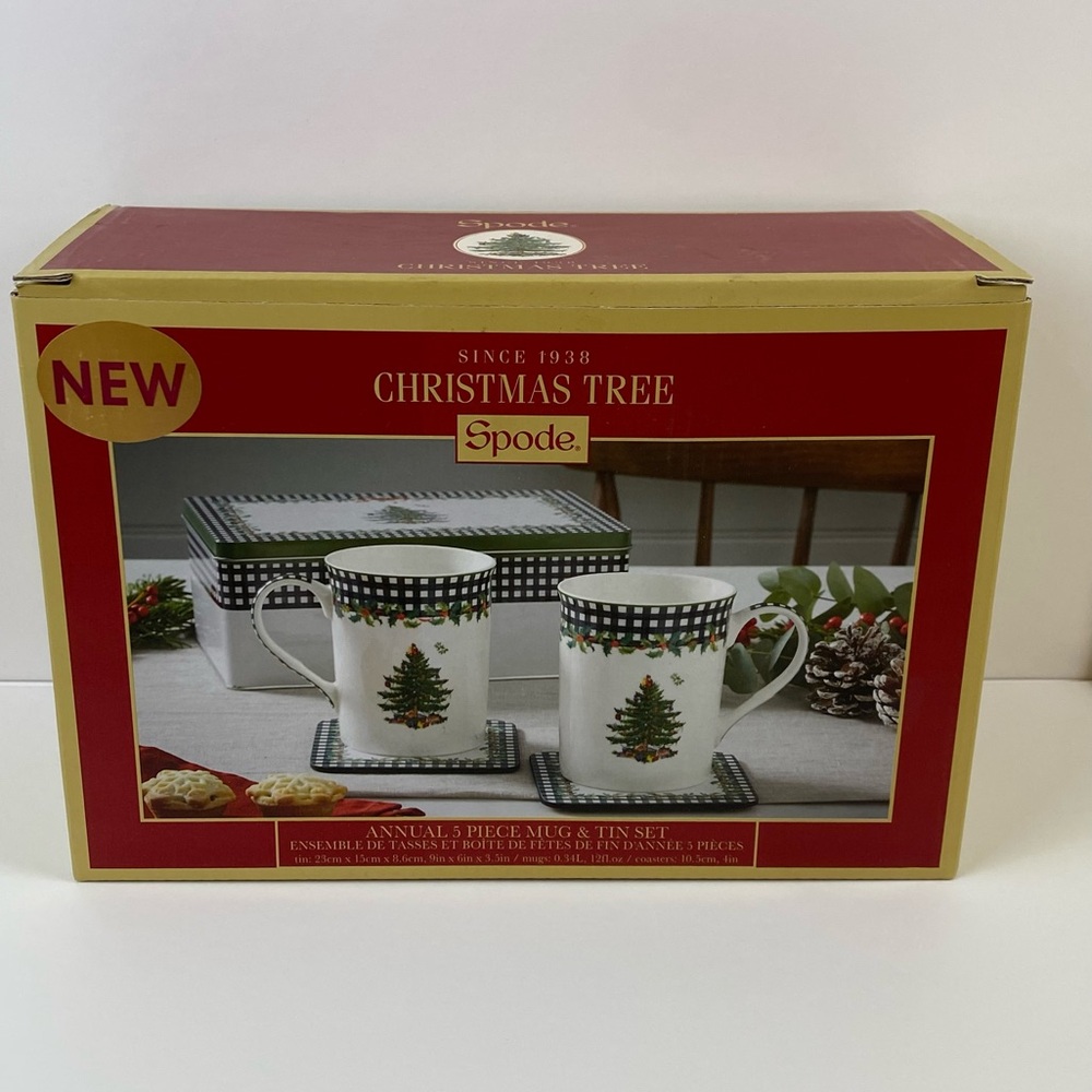 SPODE "Christmas Tree" Annual 5 piece Tin Set, 2 Mug 12oz  & 2 Coasters Holiday